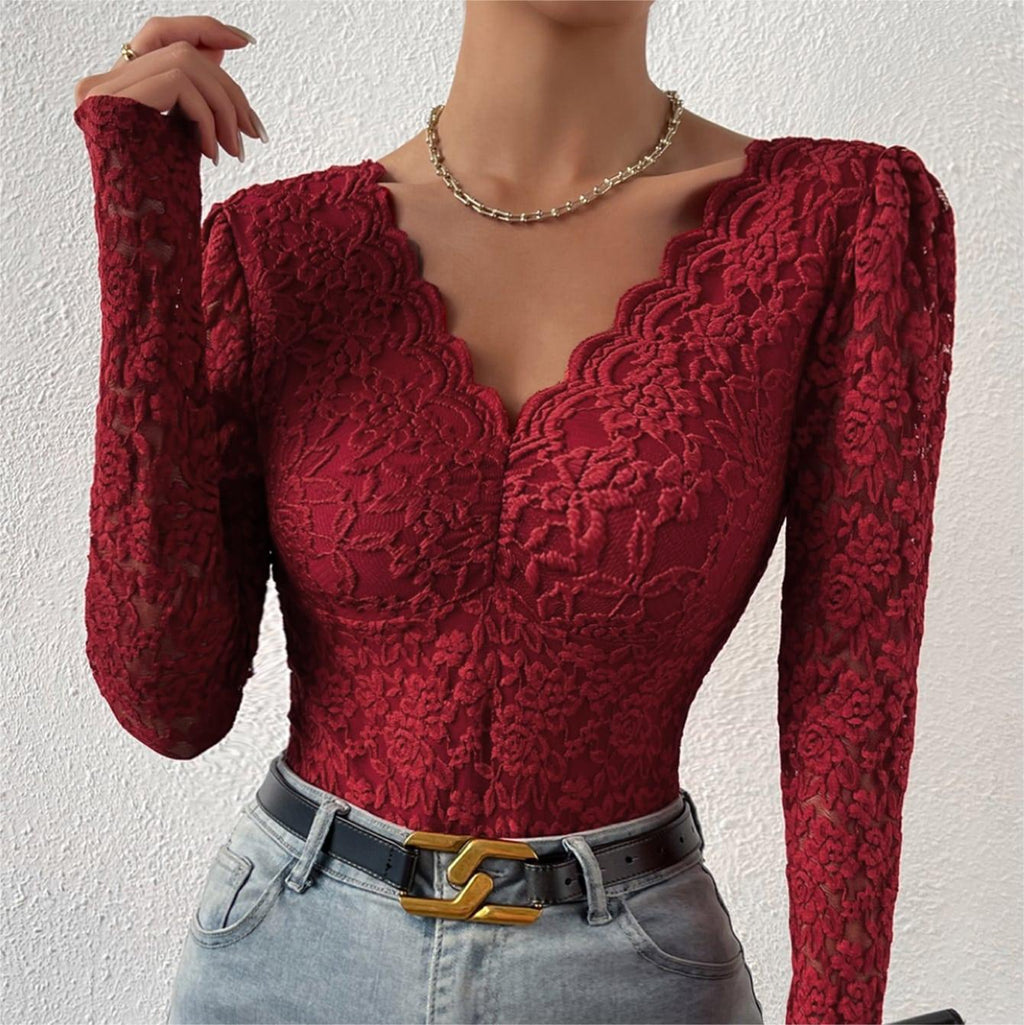 Scalloped Lace Long Sleeve Bodysuit - Wine Red - 1