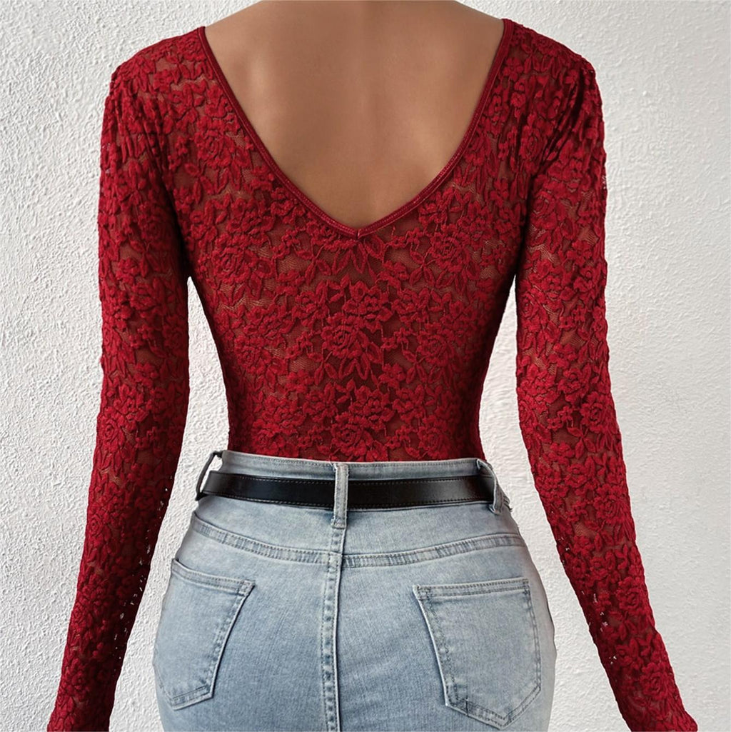 Scalloped Lace Long Sleeve Bodysuit - Wine Red - 2
