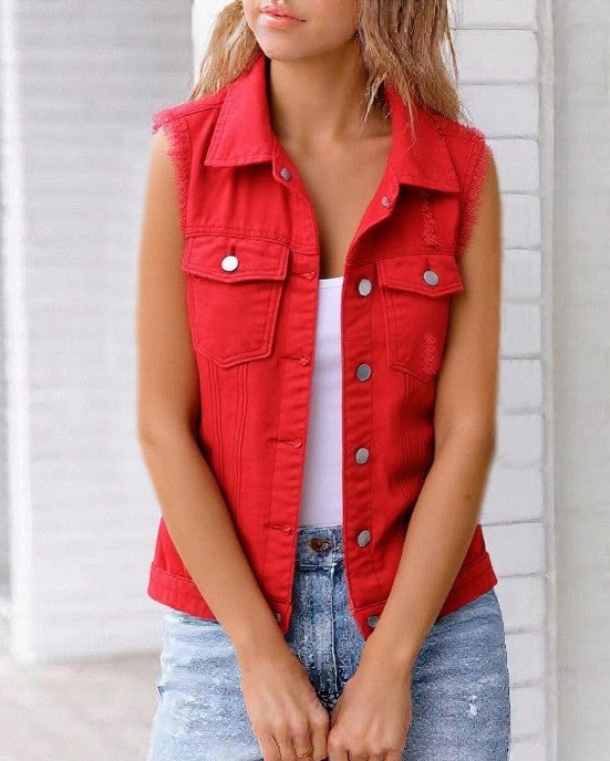 Sleeveless Button Front Denim Vest Top - Red