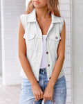 Sleeveless Button Front Denim Vest Top - White