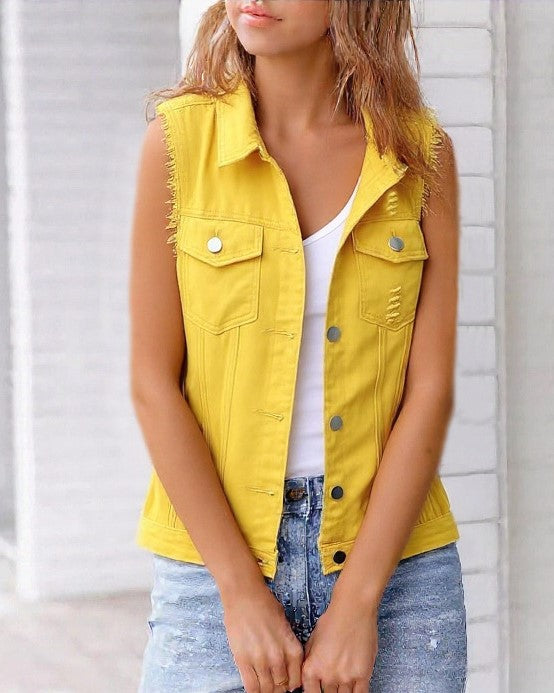 Sleeveless Button Front Denim Vest Top - Yellow