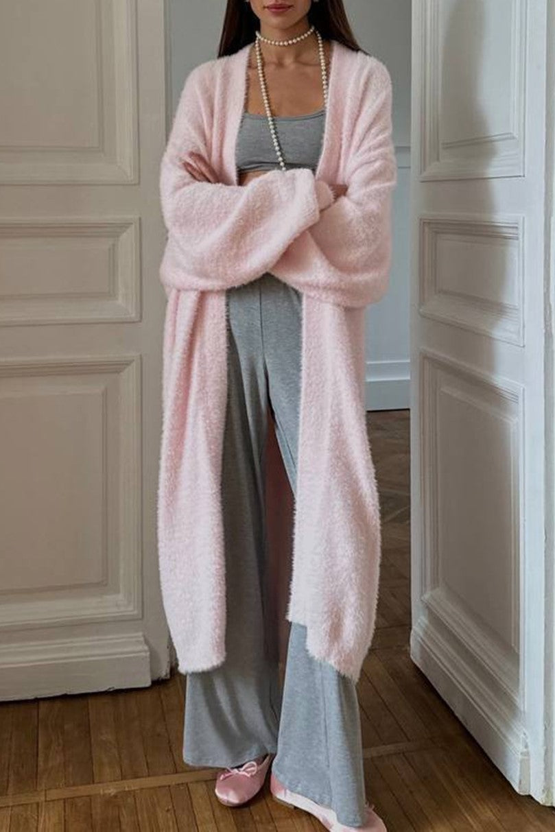 Fluffy Longline Open Front Duster Cardigan - Pink - 1