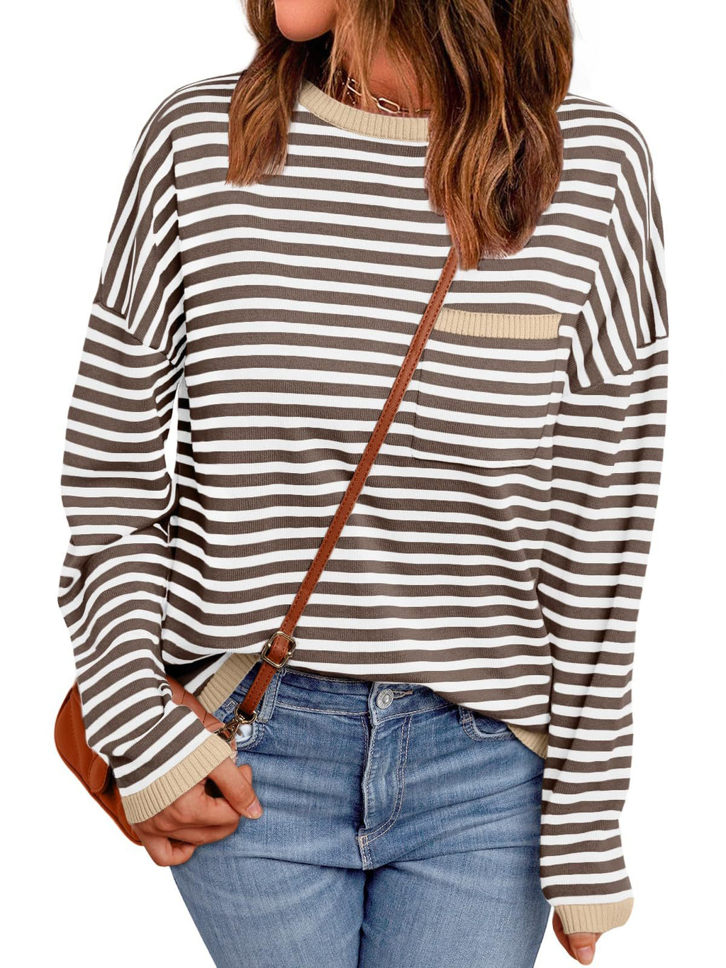 Contrast Trim Striped Oversized Knit Sweater - Apricot