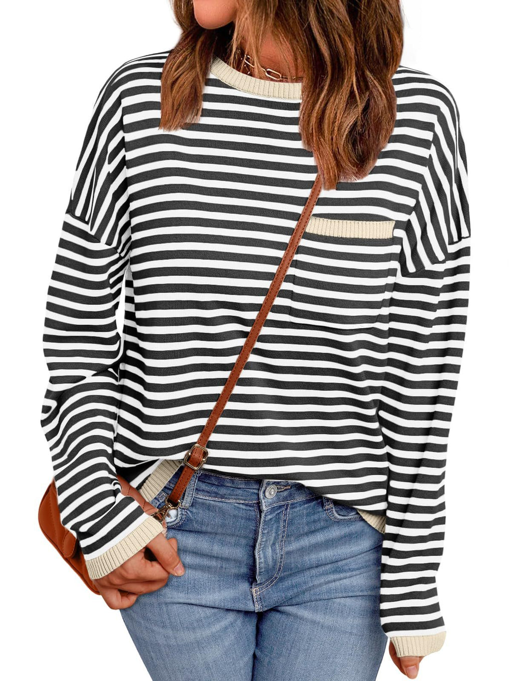 Contrast Trim Striped Oversized Knit Sweater - Black
