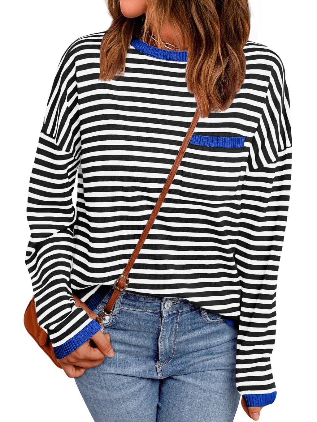 Contrast Trim Striped Oversized Knit Sweater - BlueBlack