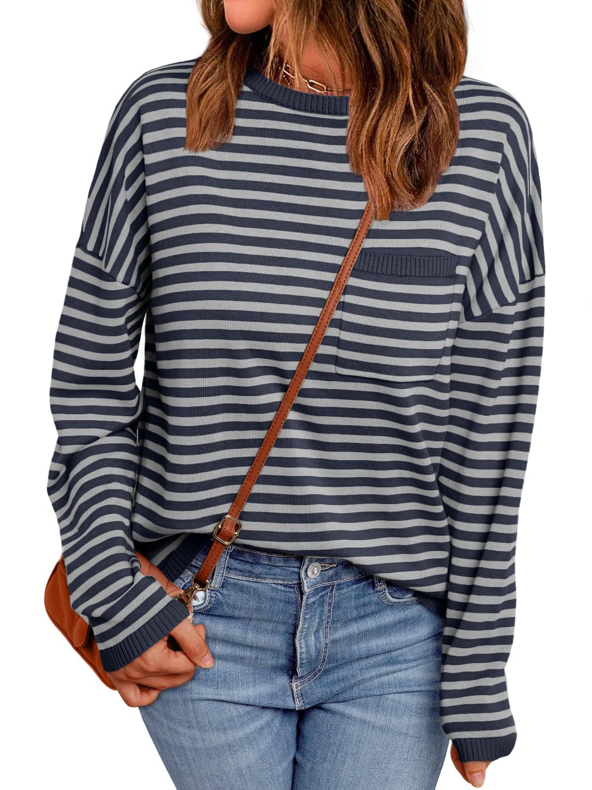 Contrast Trim Striped Oversized Knit Sweater - BlueGrey