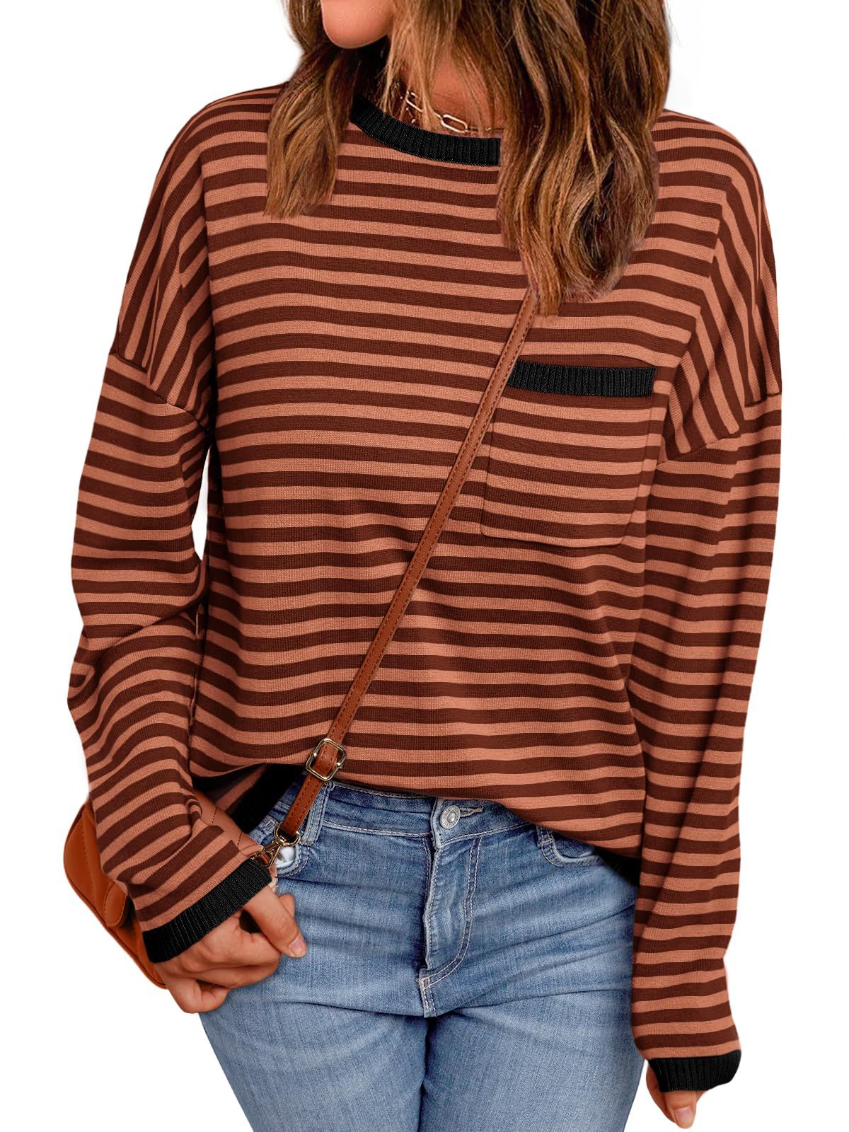 Contrast Trim Striped Oversized Knit Sweater - Brown