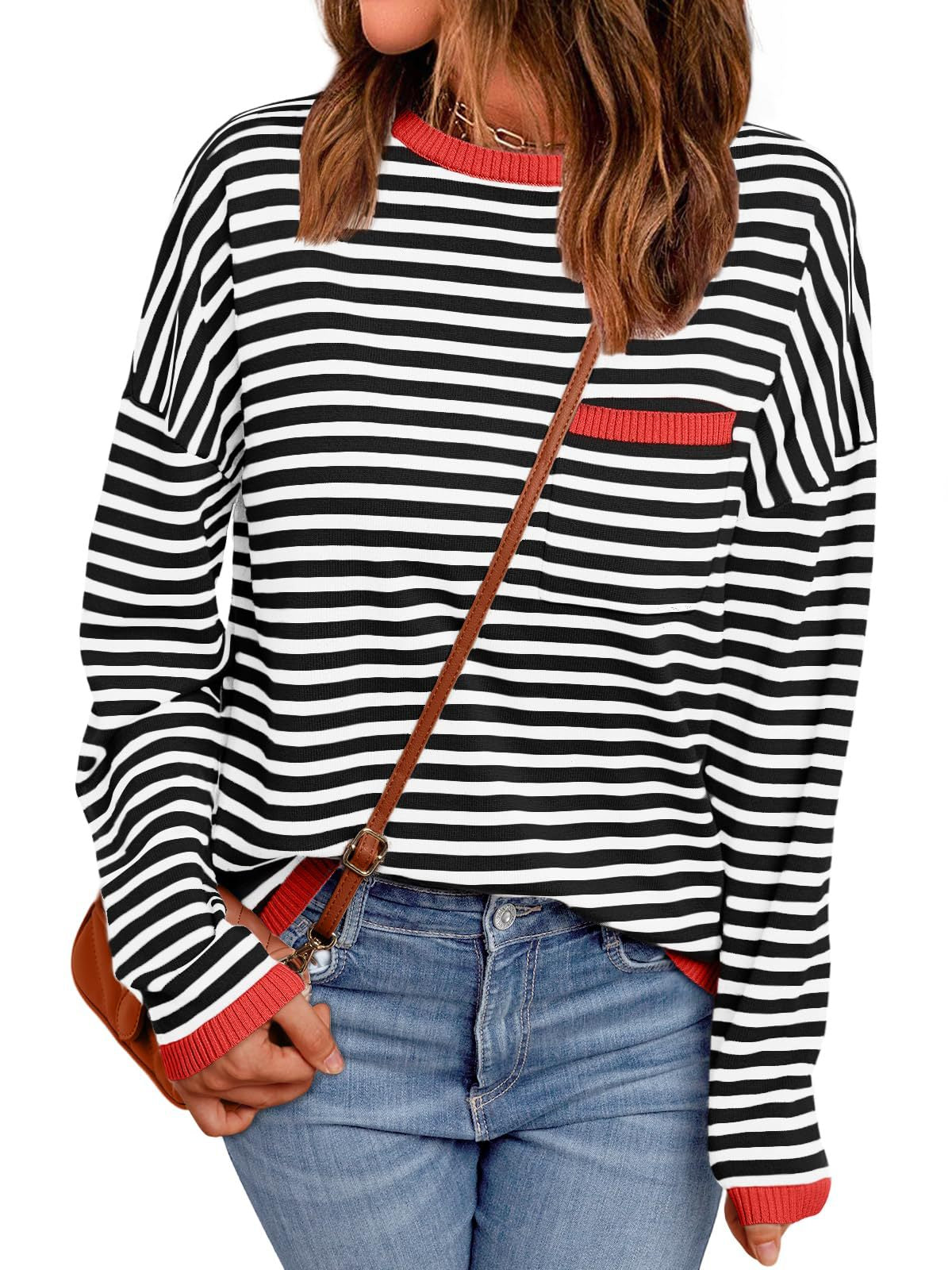 Contrast Trim Striped Oversized Knit Sweater - RedBlack