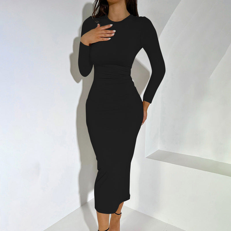 Ruched Round Neck Bodycon Long Skirt - Black_01
