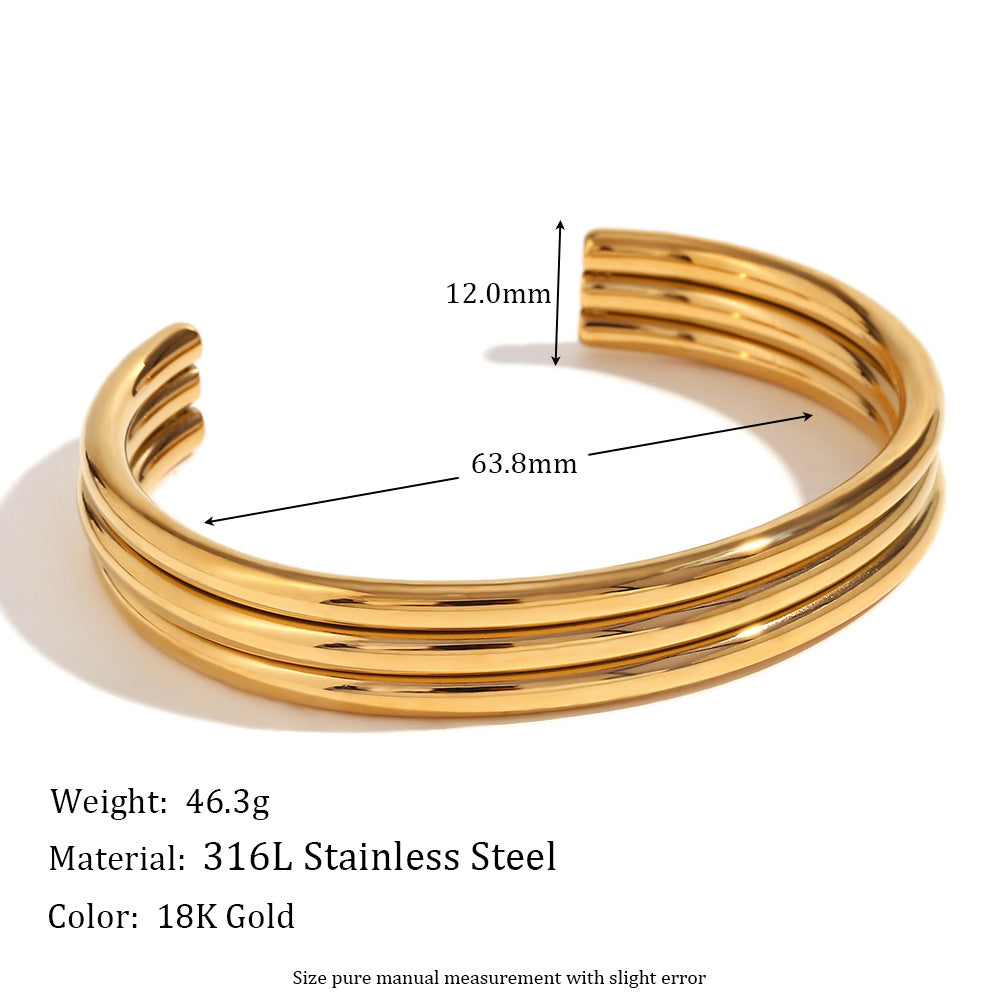 Ribbed Triple Band Gold Cuff Bracelet - Gold - 1