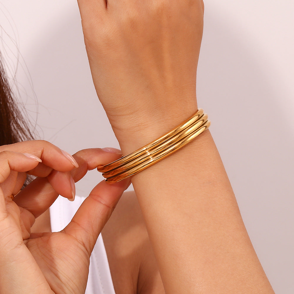 Ribbed Triple Band Gold Cuff Bracelet - Gold - 11
