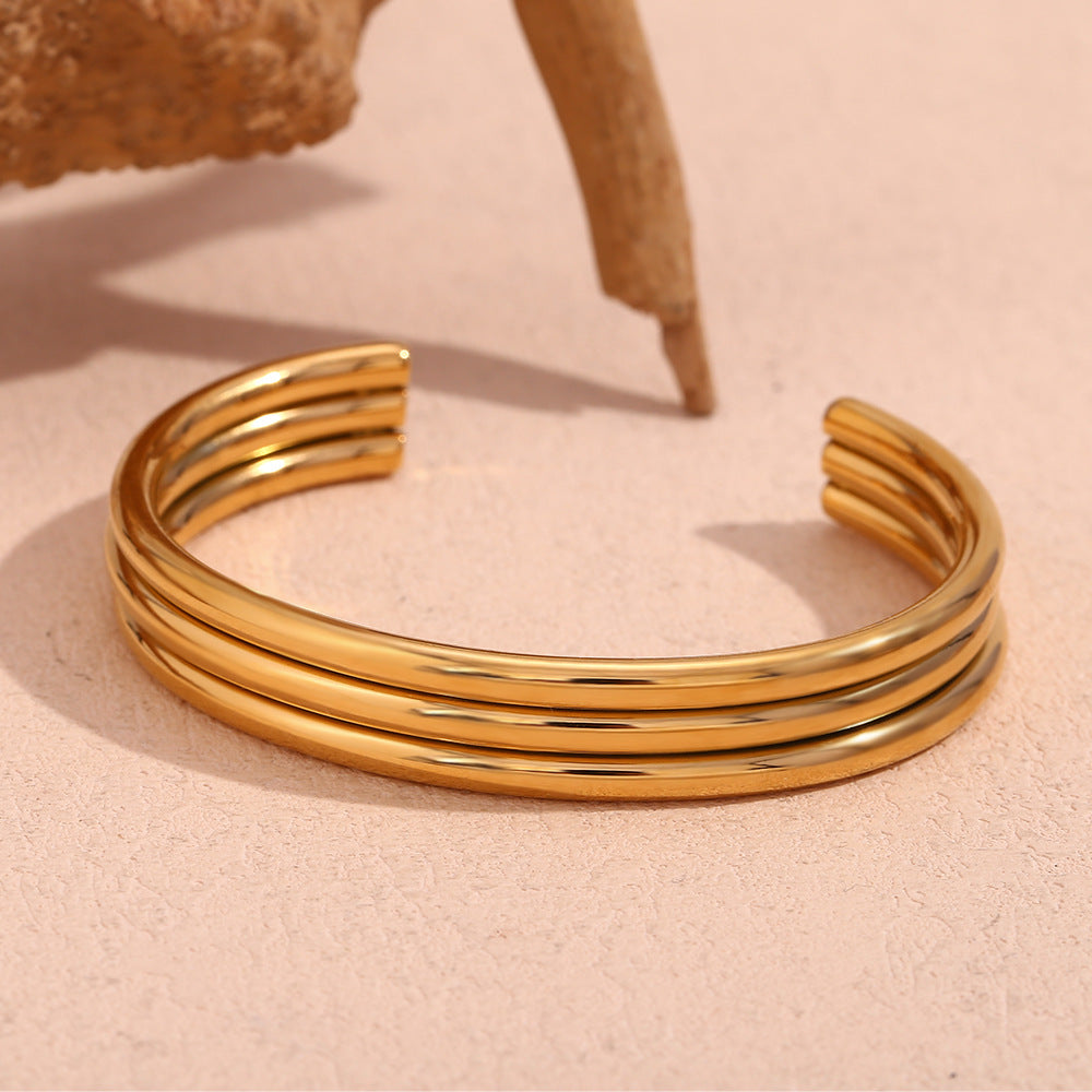 Ribbed Triple Band Gold Cuff Bracelet - Gold - 2