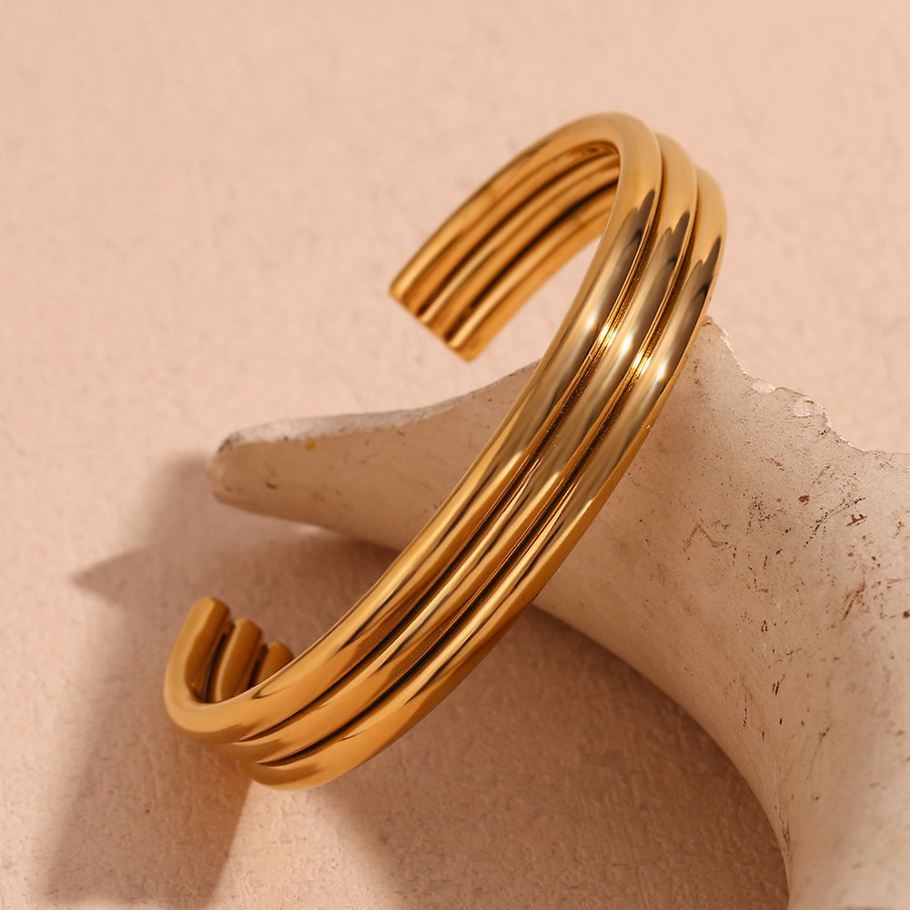 Ribbed Triple Band Gold Cuff Bracelet - Gold - 3