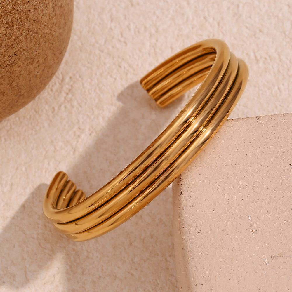 Ribbed Triple Band Gold Cuff Bracelet - Gold - 4