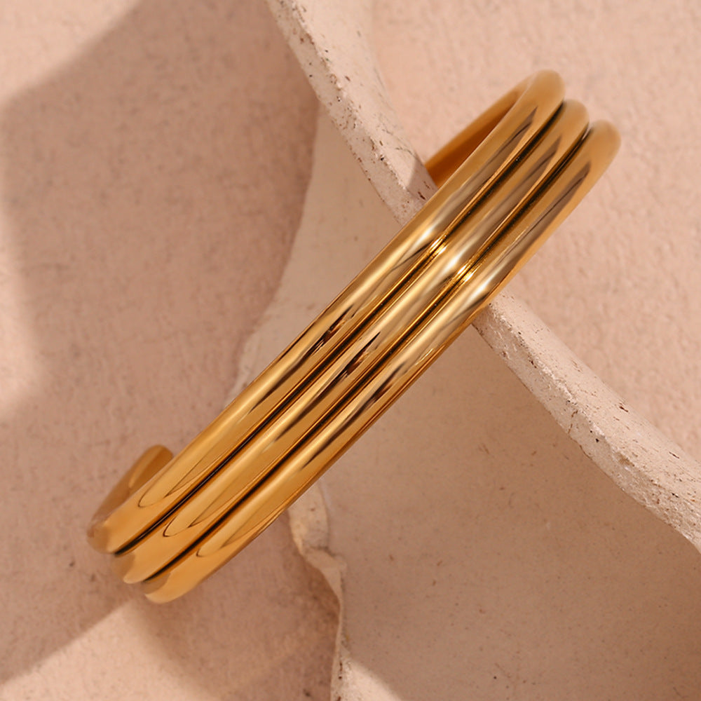 Ribbed Triple Band Gold Cuff Bracelet - Gold - 5