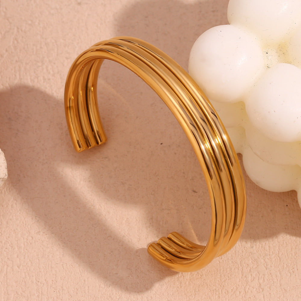 Ribbed Triple Band Gold Cuff Bracelet - Gold - 6