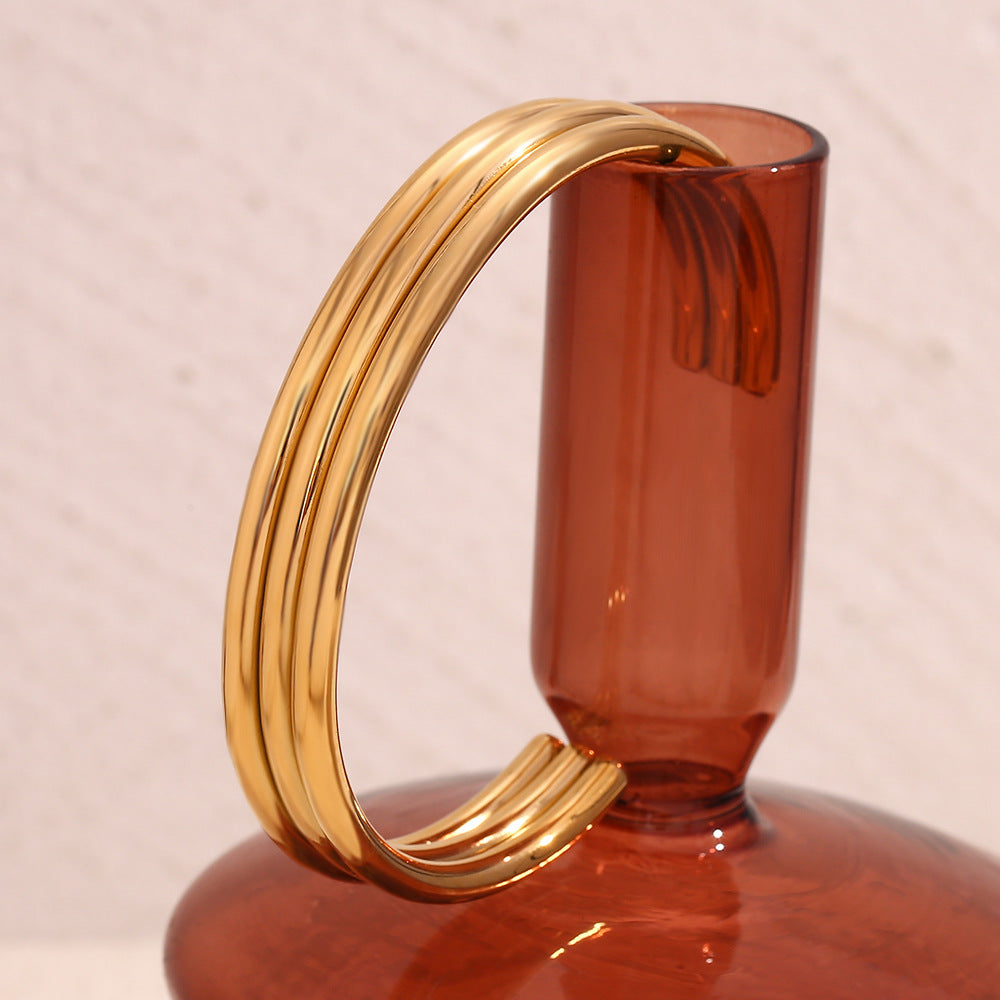 Ribbed Triple Band Gold Cuff Bracelet - Gold - 7