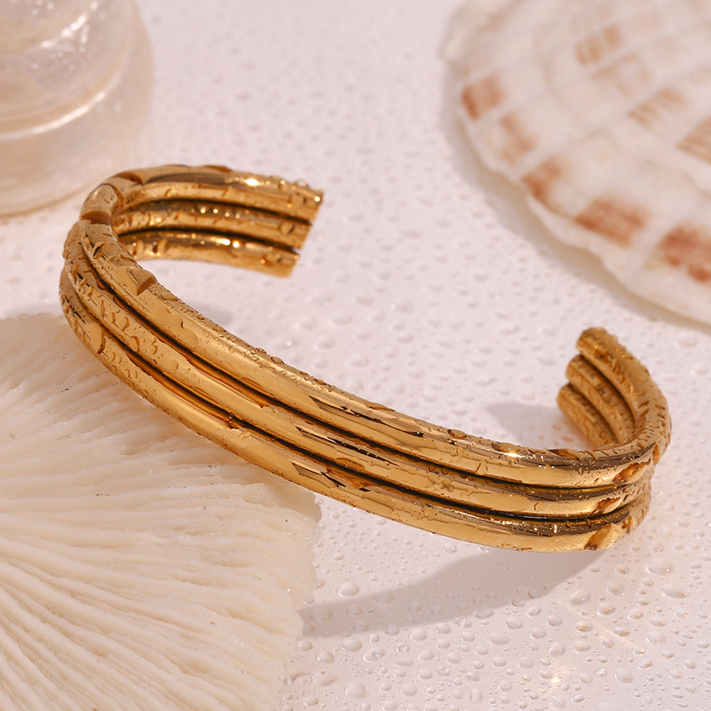Ribbed Triple Band Gold Cuff Bracelet - Gold - 9