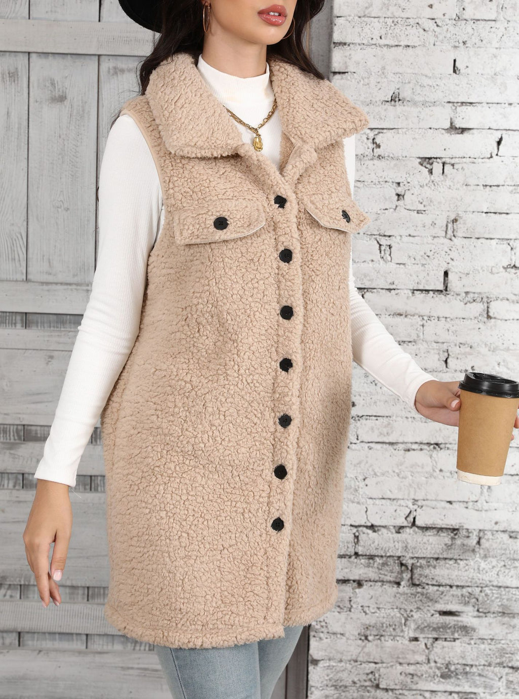 Longline Teddy Fleece Button Front Vest - Apricot