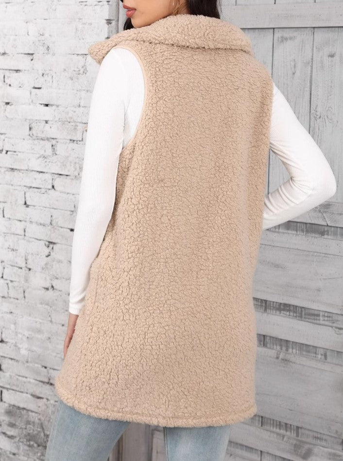 Longline Teddy Fleece Button Front Vest - Apricot - 1