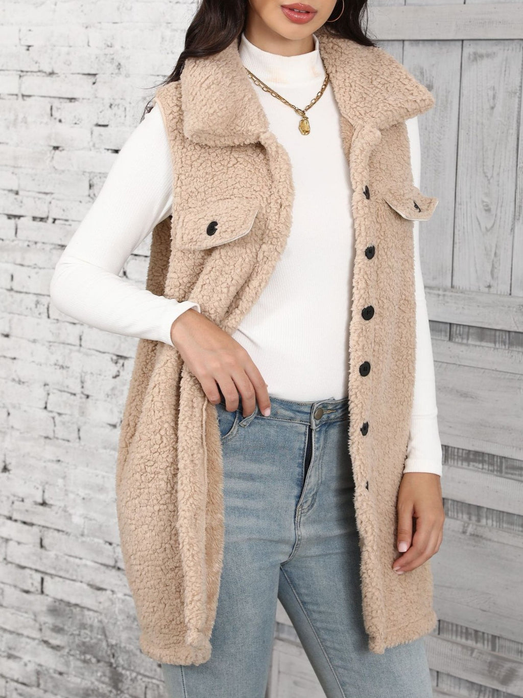 Longline Teddy Fleece Button Front Vest - Apricot - 2