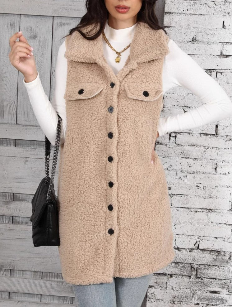 Longline Teddy Fleece Button Front Vest - Apricot - 3