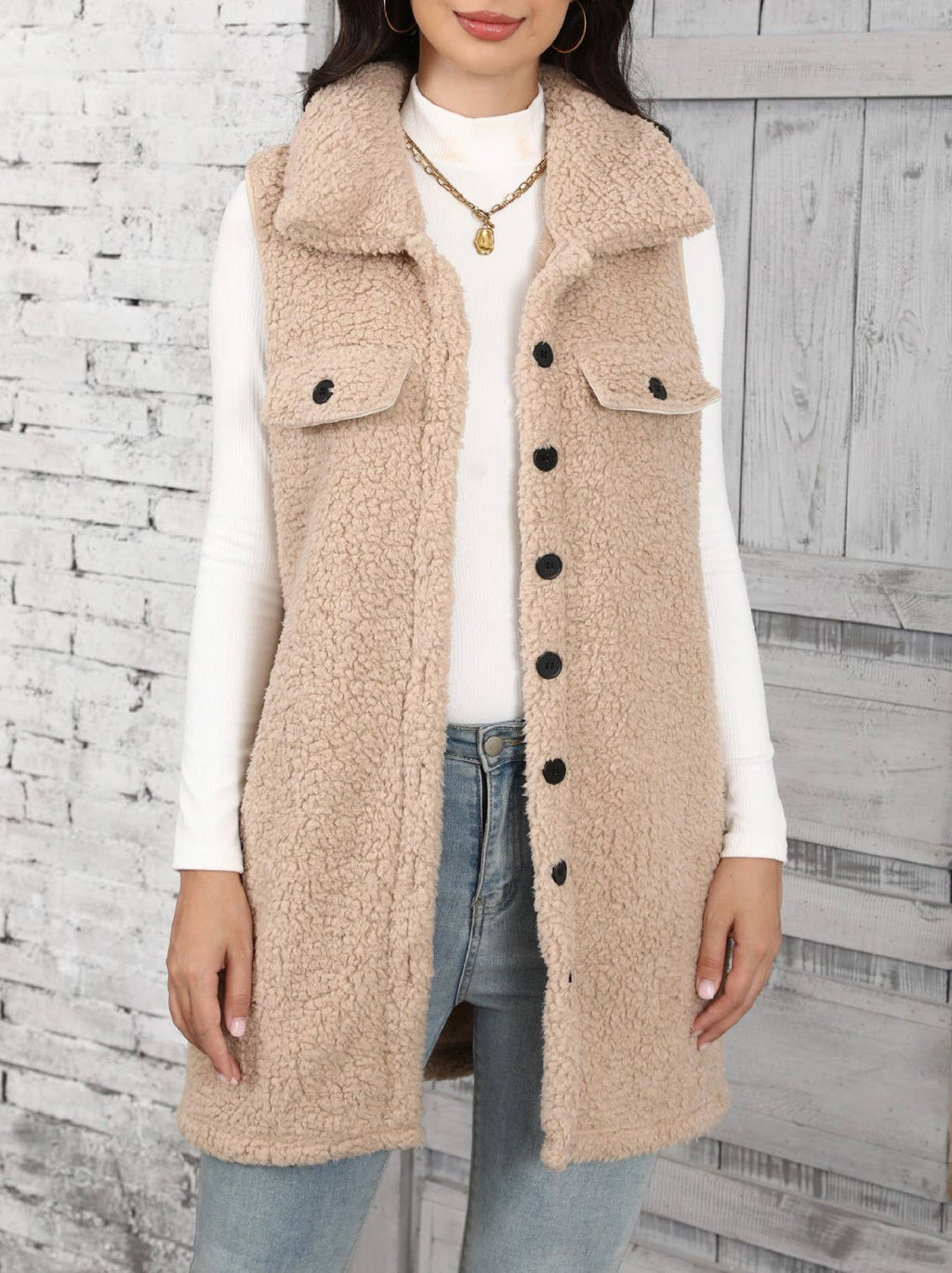 Longline Teddy Fleece Button Front Vest