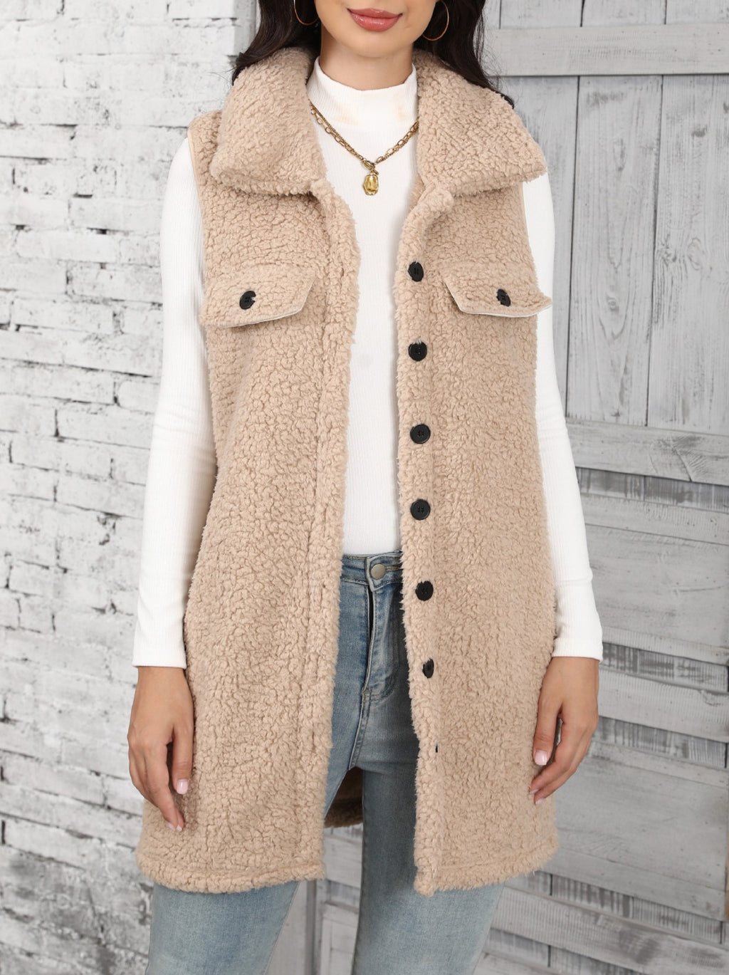 Longline Teddy Fleece Button Front Vest - view 1