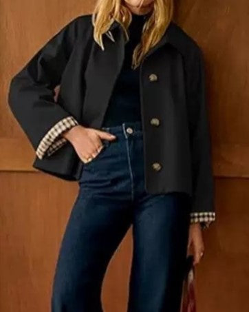 Cropped Check Cuff Button Front Trench Jacket - Black
