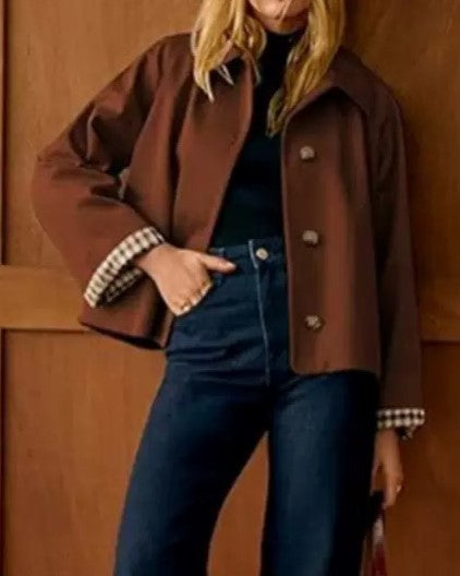 Cropped Check Cuff Button Front Trench Jacket - Brown
