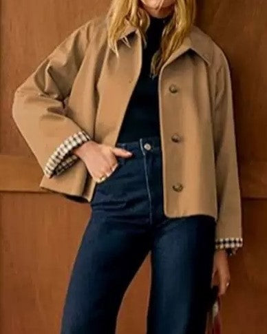 Cropped Check Cuff Button Front Trench Jacket - Camel
