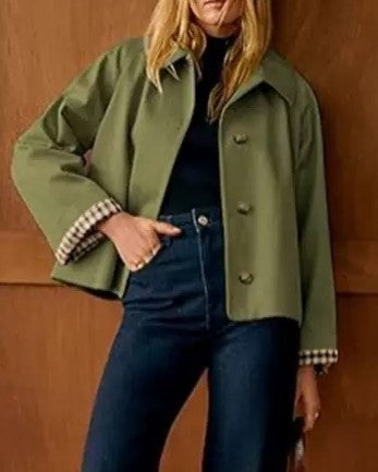 Cropped Check Cuff Button Front Trench Jacket - Green
