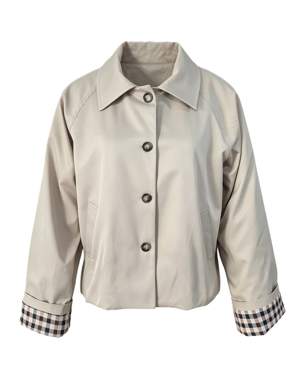Cropped Check Cuff Button Front Trench Jacket - Khaki