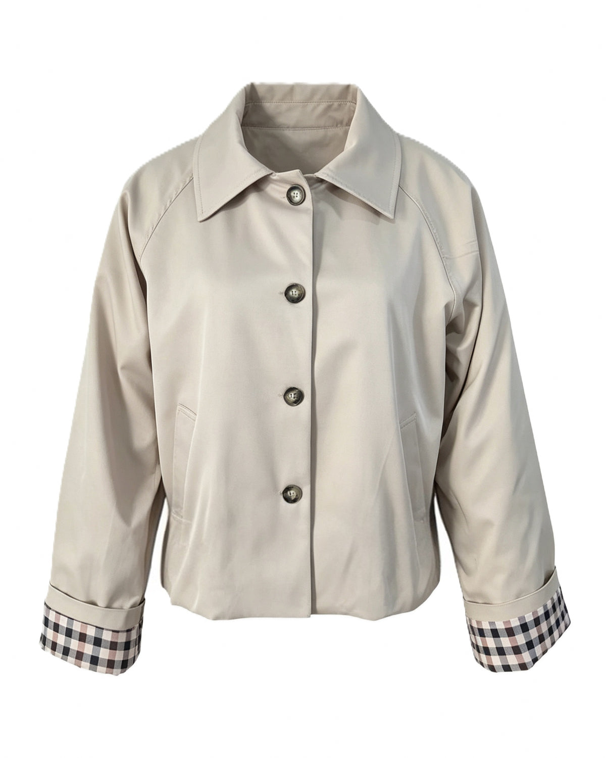 Cropped Check Cuff Button Front Trench Jacket - Khaki