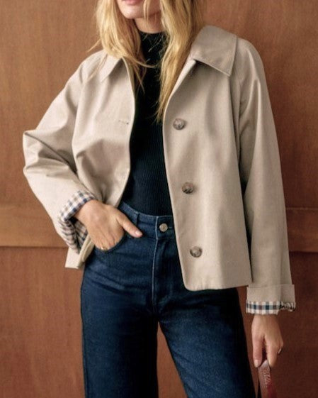 Cropped Check Cuff Button Front Trench Jacket - Khaki - 1