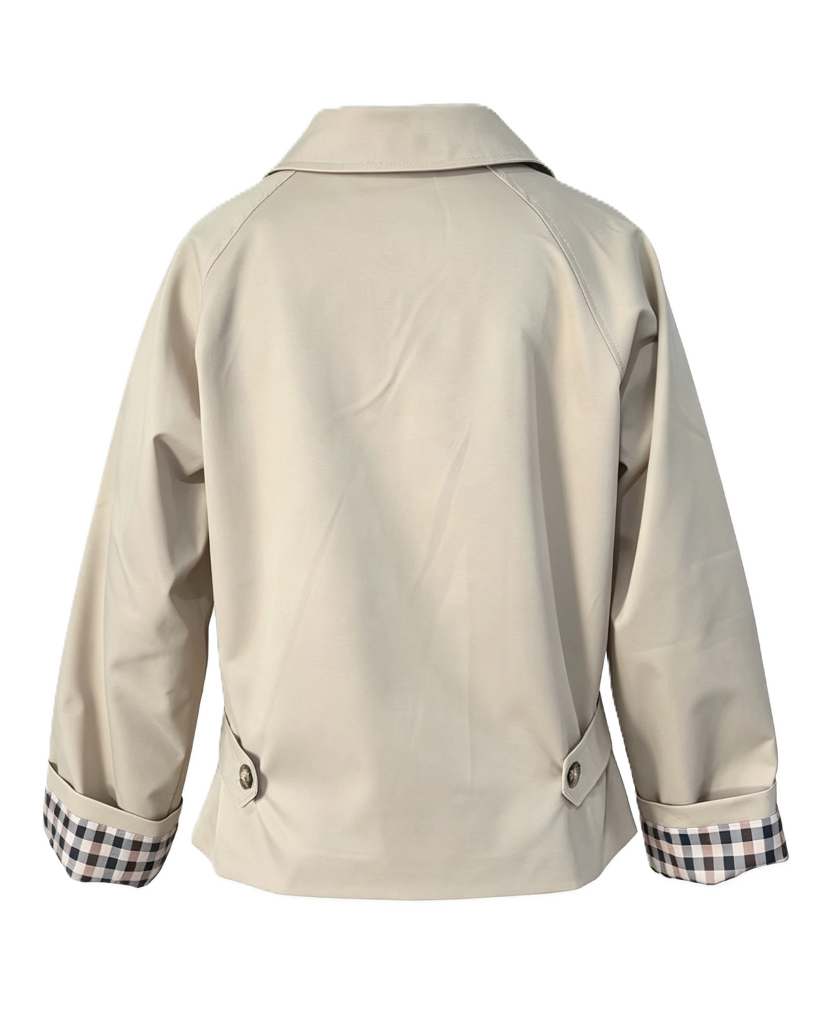 Cropped Check Cuff Button Front Trench Jacket - Khaki - 2
