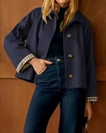 Cropped Check Cuff Button Front Trench Jacket - Navy