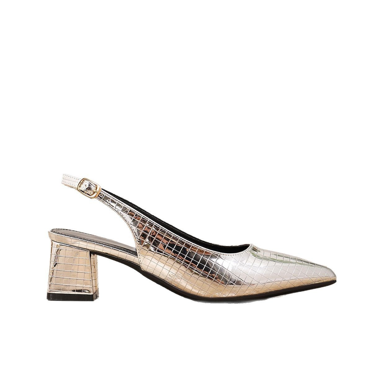 Metallic Embossed Slingback Block Heel Pumps