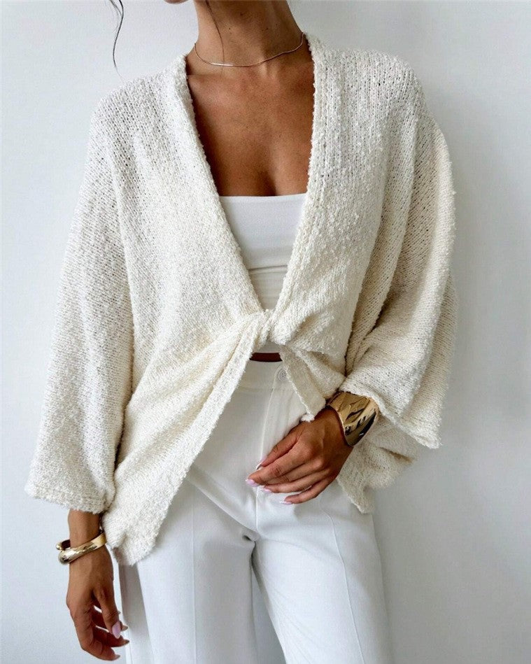 Twist Front Batwing Knit Sweater - White