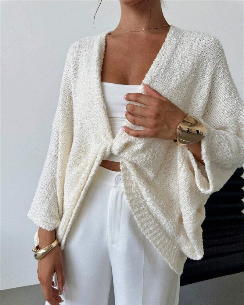 Twist Front Batwing Knit Sweater - White - 3
