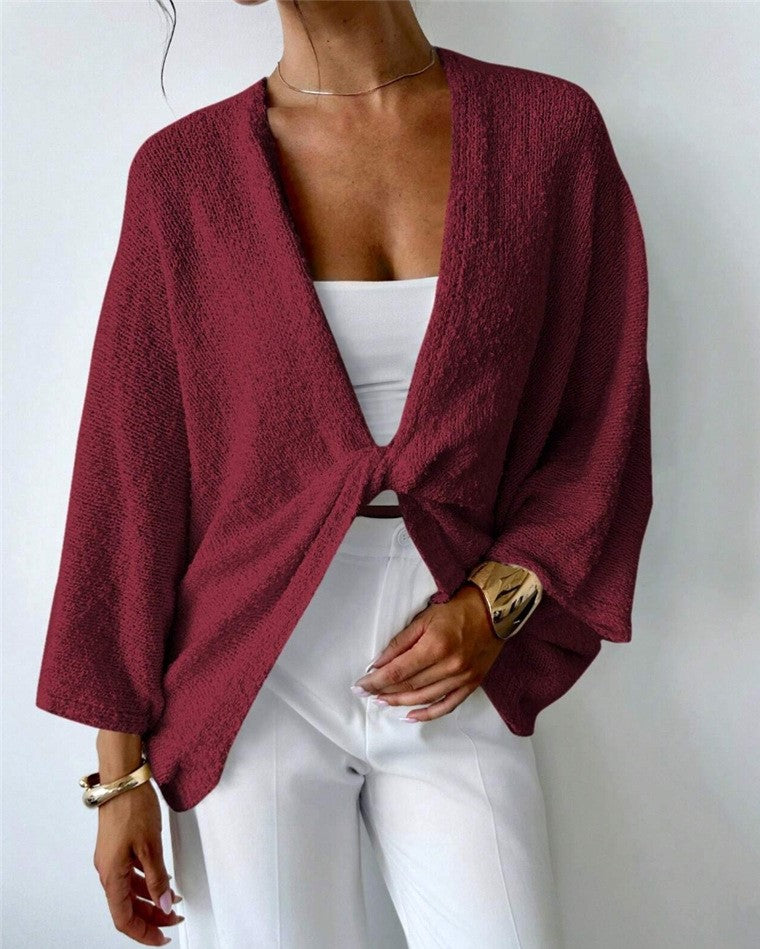 Twist Front Batwing Knit Sweater - Wine