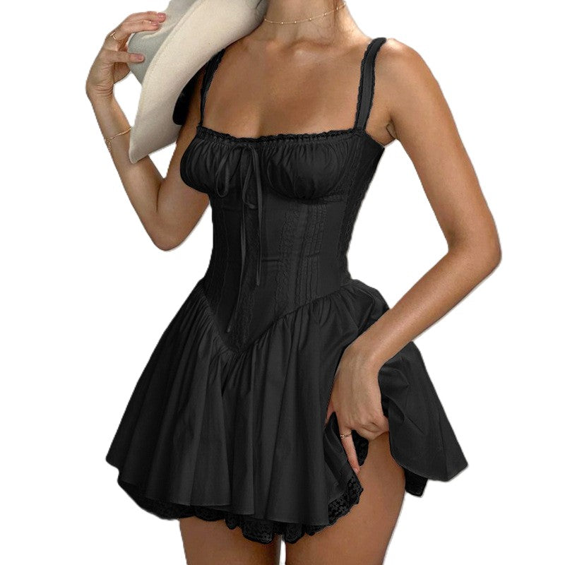 Lace Up Corset Bodice Mini Dress - Black