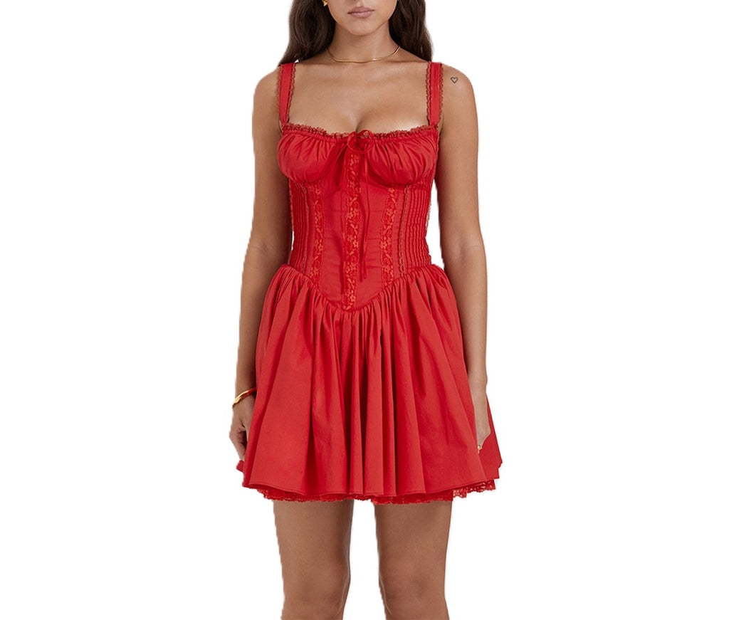 Lace Up Corset Bodice Mini Dress - Red