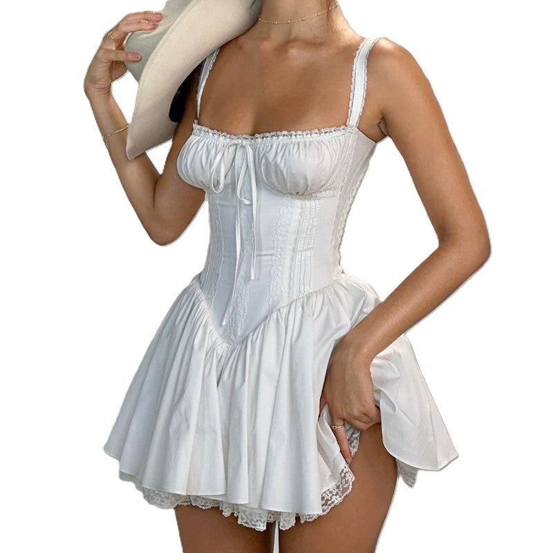 Lace Up Corset Bodice Mini Dress - White