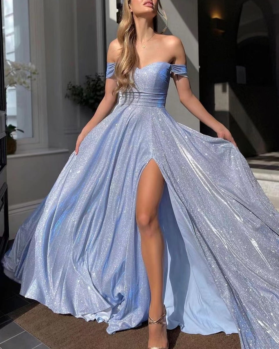 Glitter Off Shoulder Thigh Slit Maxi Gown