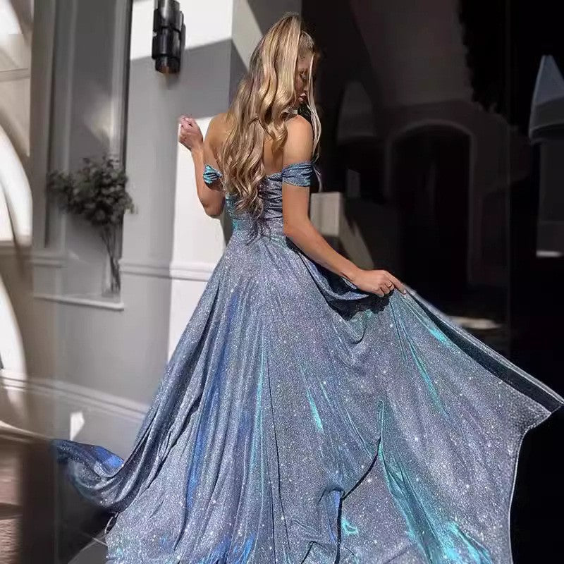 Glitter Off Shoulder Thigh Slit Maxi Gown