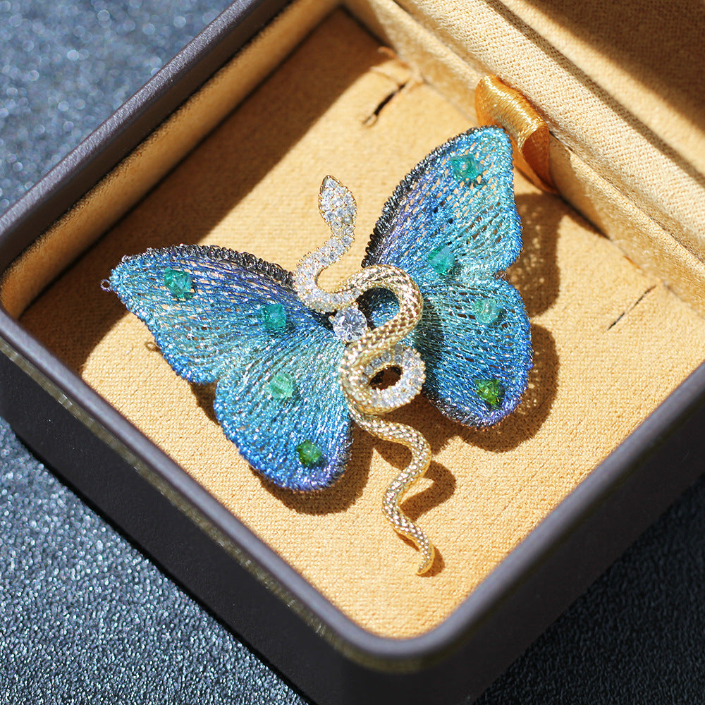 Serpent And Butterfly Statement Brooch - Blue