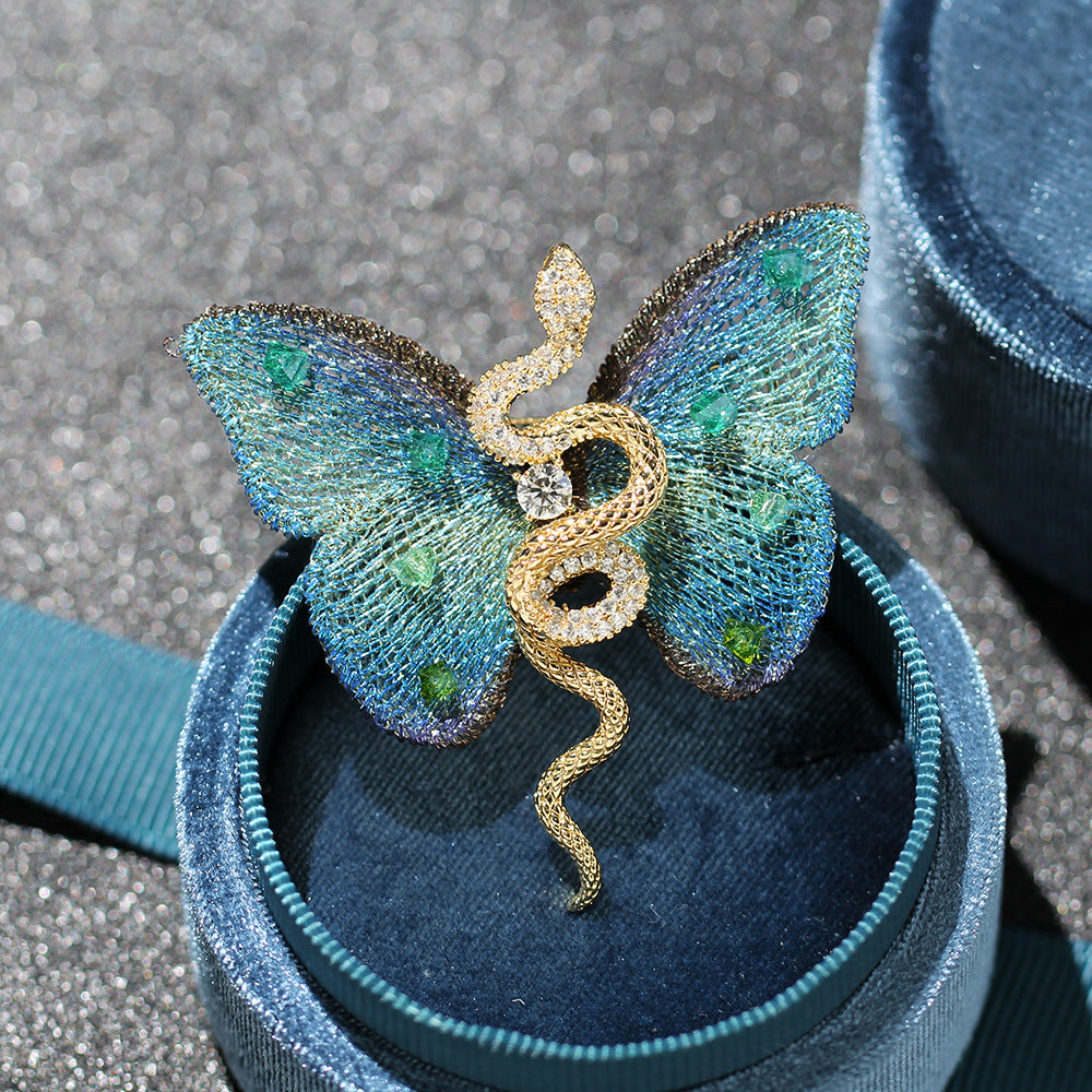 Serpent And Butterfly Statement Brooch - Blue - 1