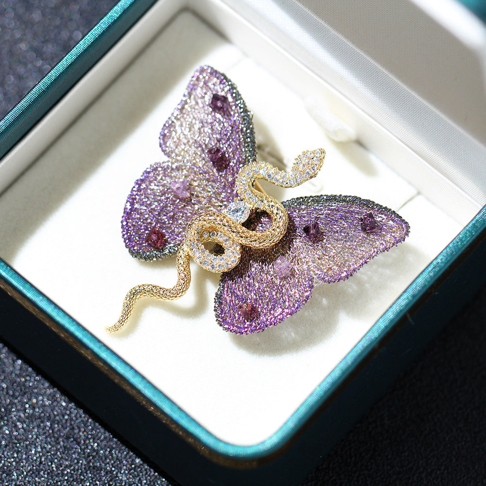 Serpent And Butterfly Statement Brooch - Purple