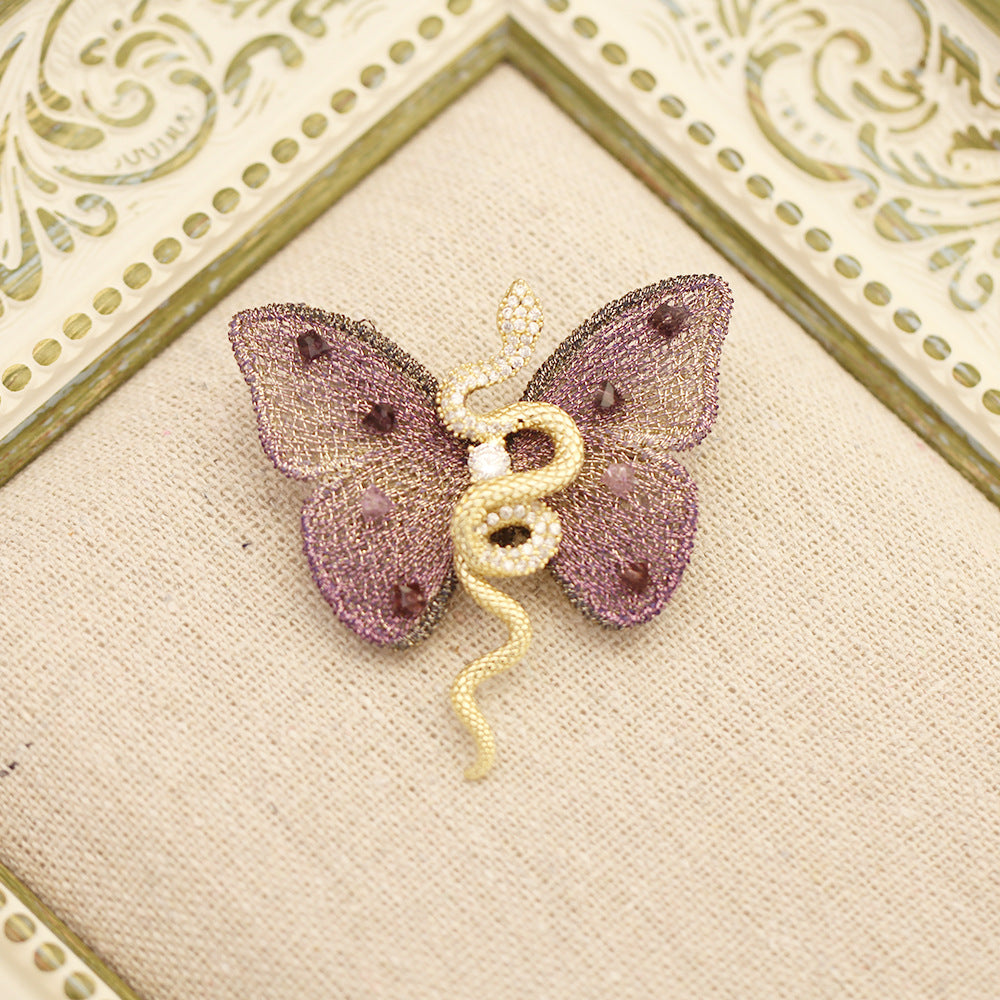 Serpent And Butterfly Statement Brooch - Purple - 1